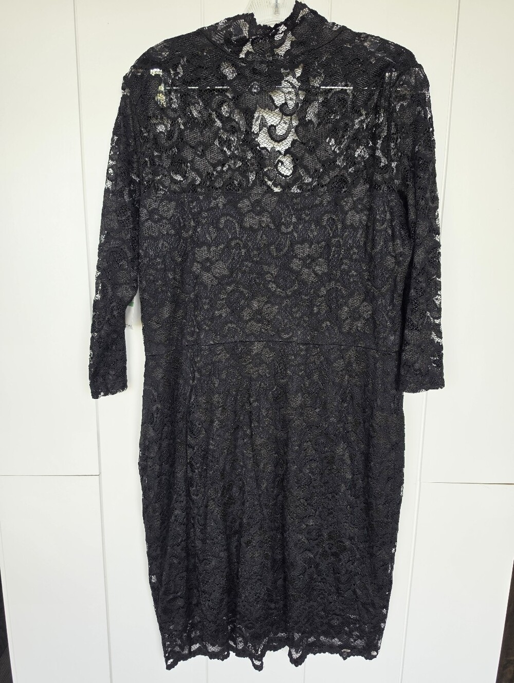 Karen Kane Little Black Dress L Scalloped Lace Illusion Bodycon Goth V-Neck LBD - Picture 10 of 10